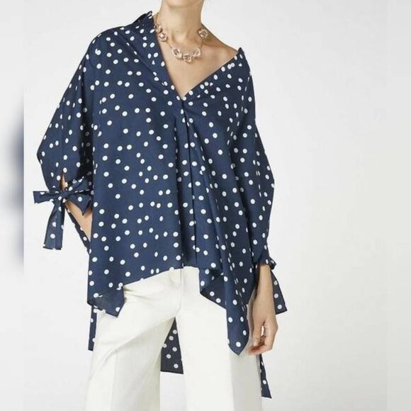 CH Carolina Herrera Navy & White Polka-Dot Oversized Tie-Cuff Shirt - Picture 1 of 13